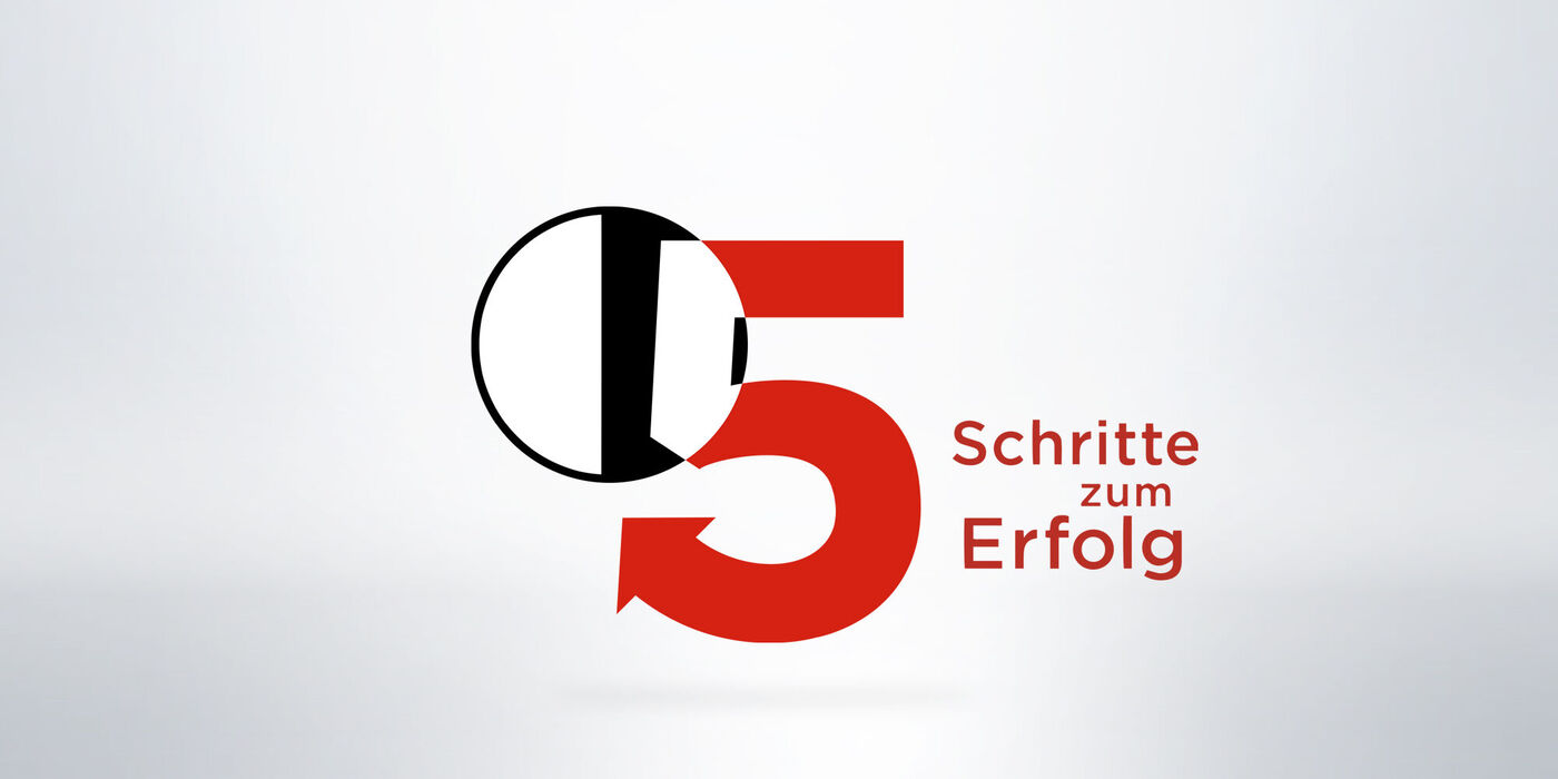 Die Grafiken zeigen die Zahl 5 in rot mit einem weißen Hintergrund und dem Text "Schritte zum Erfolg".