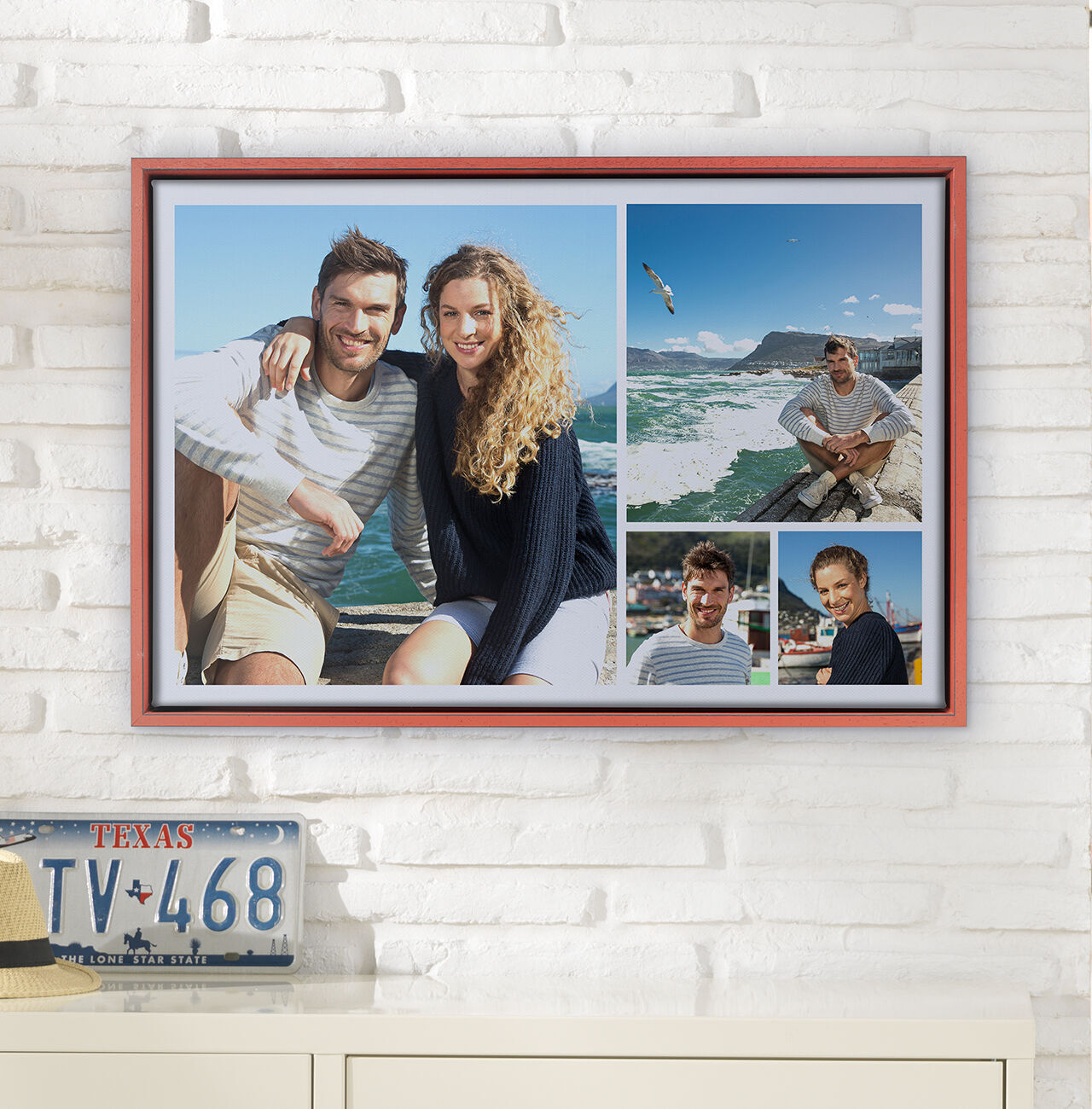 Wandbild mit Urlaubserinnerungen in verschiedenen Rahmen und Bildern