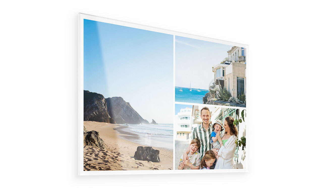 Eine kreative Collage mit vier Fotos: eine Küstenlandschaft, eine Strandaufnahme, eine fröhliche Familie und ein hübsches Gebäude. Perfekt für Erinnerungen an einen Urlaub.
