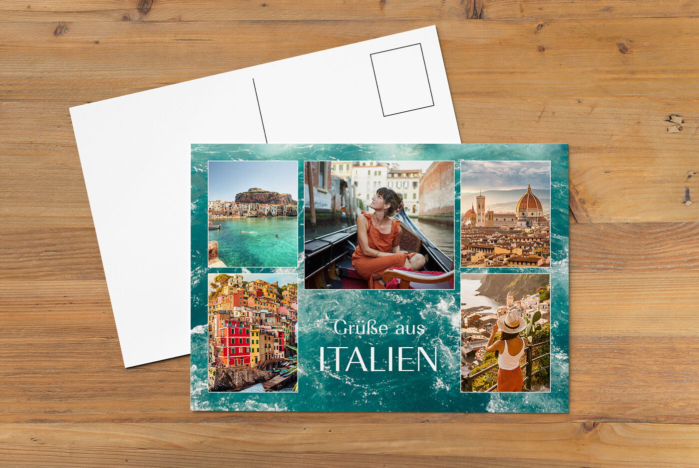 Postkarte mit verschiedenen italienischen Sehenswürdigkeiten und der Aufschrift "Grüße aus ITALIEN"