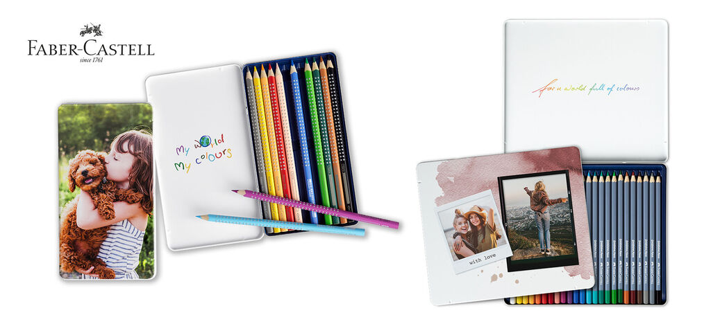 Buntstifte in einer Faber-Castell Box mit zwei bunten Fotos der Freude am Malen
