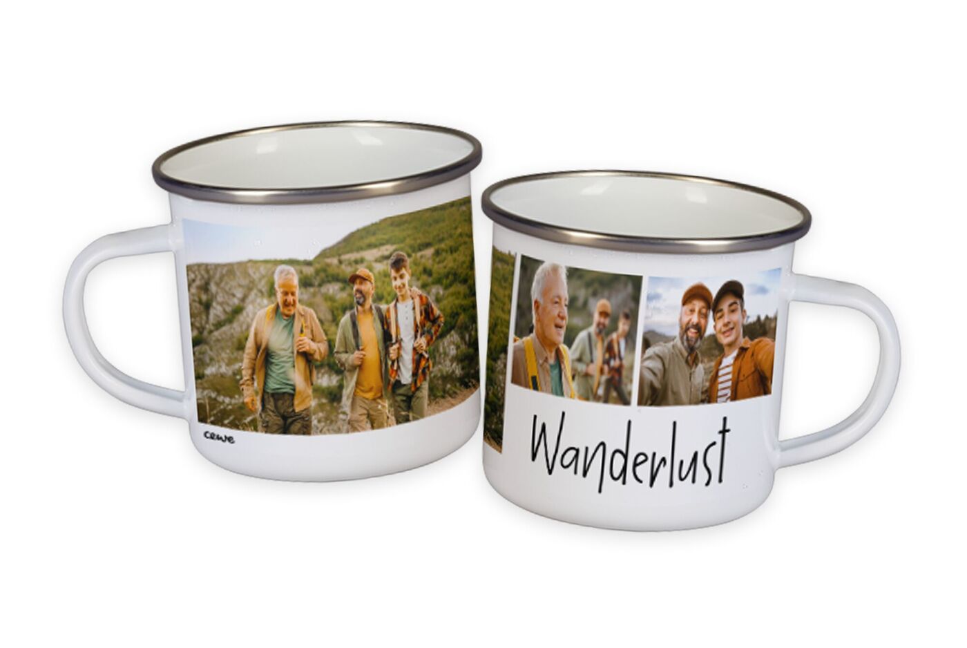 Zwei personalisierte Emaille-Tassen mit Fotos einer Wandergruppe und dem Schriftzug Wanderlust