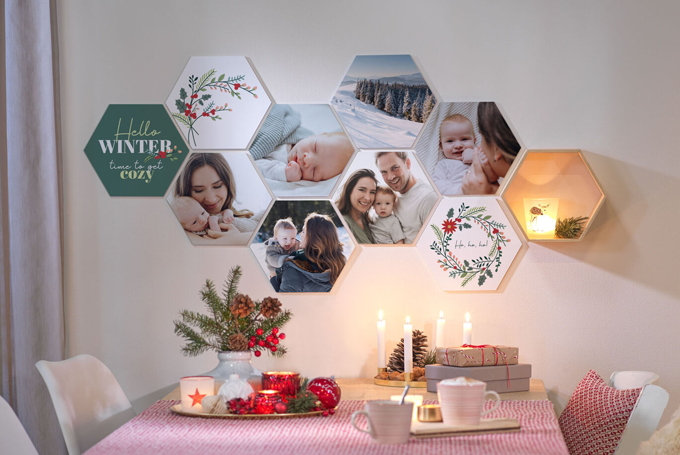 Wandbild mit Bildern von Wintermomenten und Dekoration, das Gemütlichkeit ausstrahlt