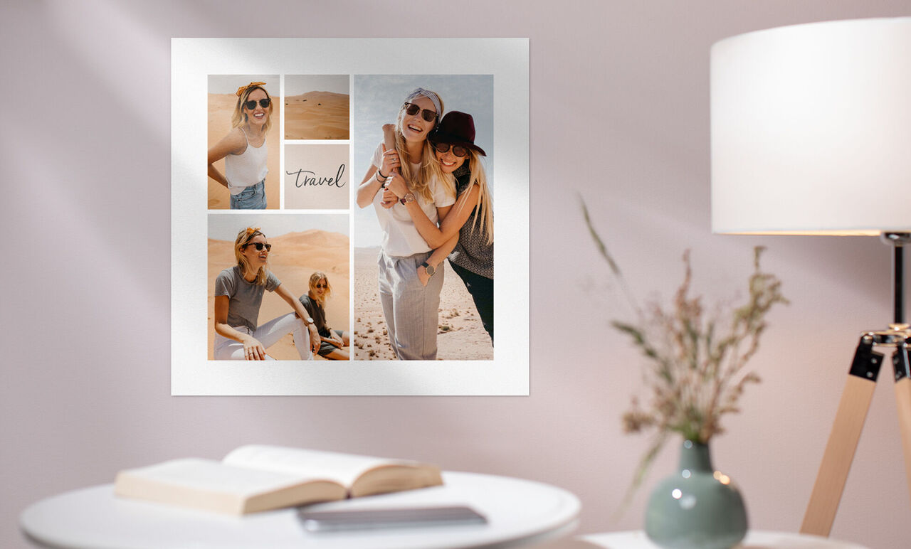 CEWE Wandbild Collage mit Urlaubsfotos in der Wüste und dem Wort travel