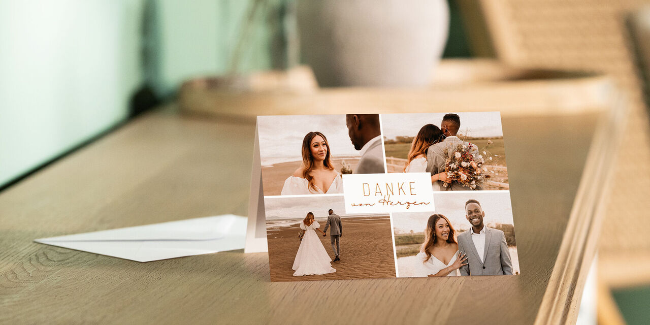 Eine liebevoll gestaltete Dankeskarte mit Fotos von einem Hochzeitspaar.