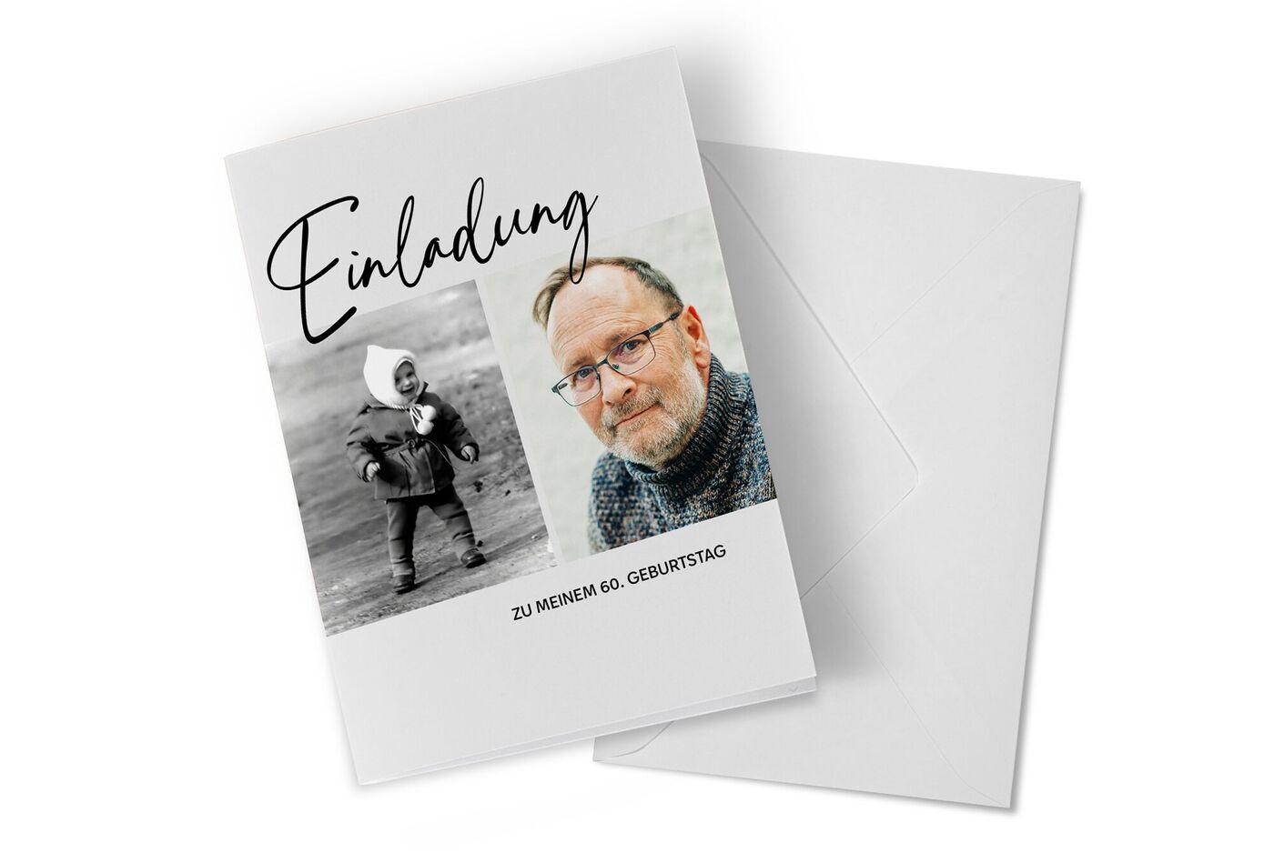 Einladungskarte für einen 60. Geburtstag mit zwei Fotos.
