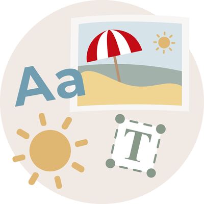 Ein sonniges Strandmotiv mit brummendem Sonnenschirm und Sonne. Bilderrahmen mit Foto und Schrift.