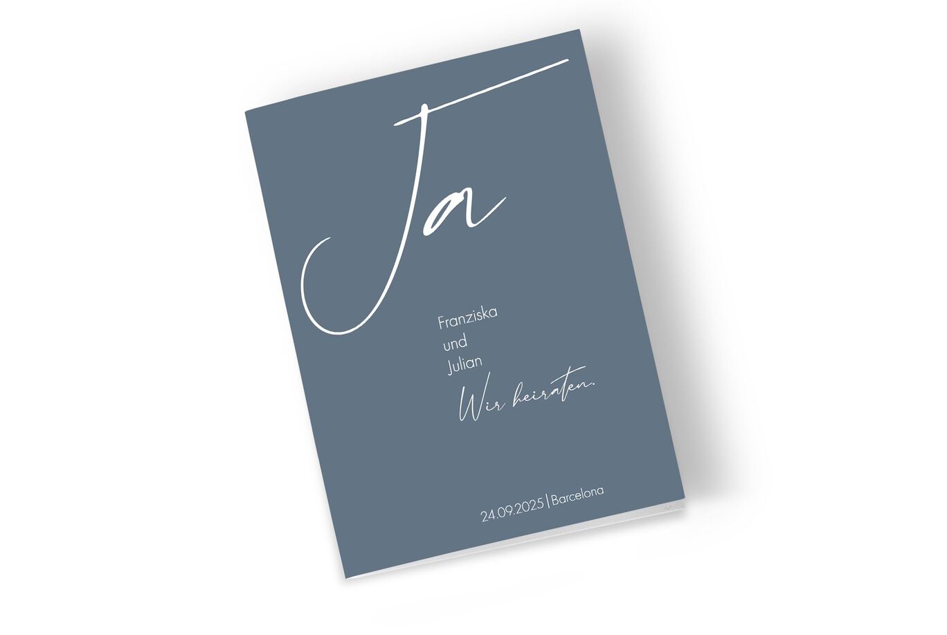 CEWE Grußkarte in Blau mit großem Ja, Namen Franziska und Julian, Wir heiraten, Datum und Ort