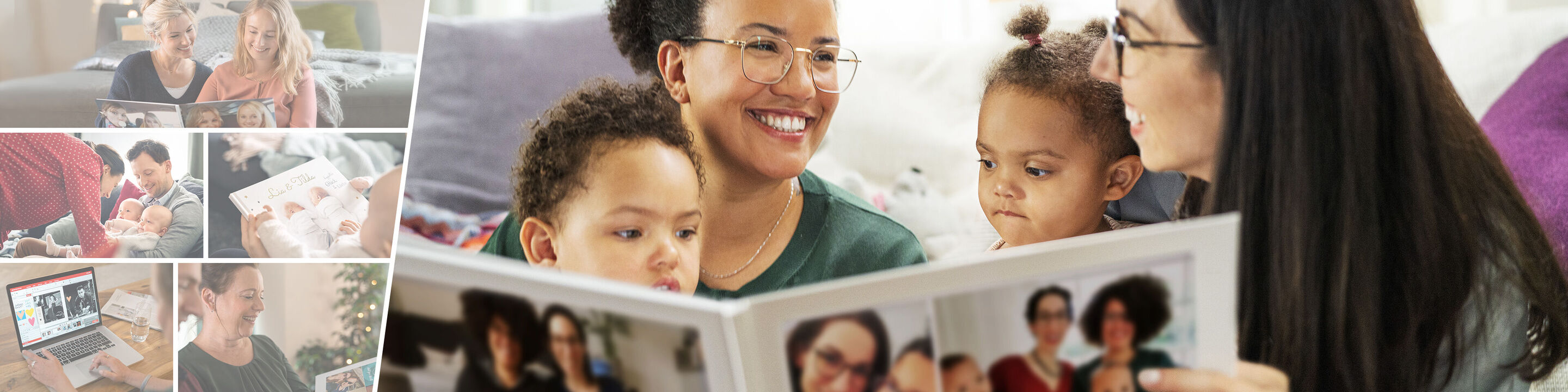 Eine Familie schaut gemeinsam in ein Fotobuch voller Erinnerungen