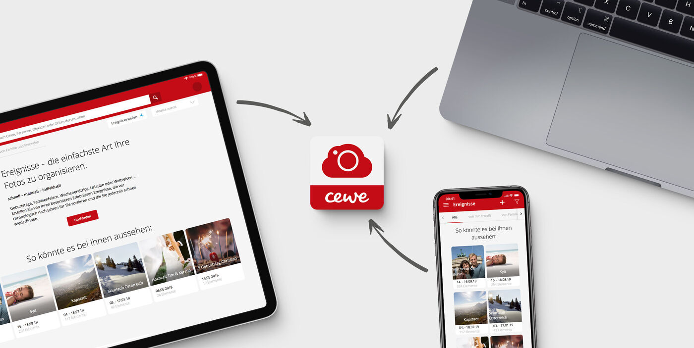 Darstellung der CEWE Fotowelt auf verschiedenen Geräten, Tablet und Smartphone mit Fotos.