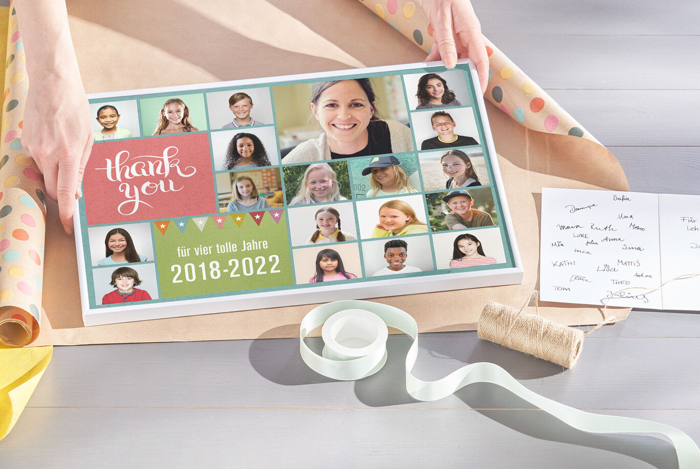Schöne persönliche Dankeskarte mit Bildern von Kindern, die Freude schenken.