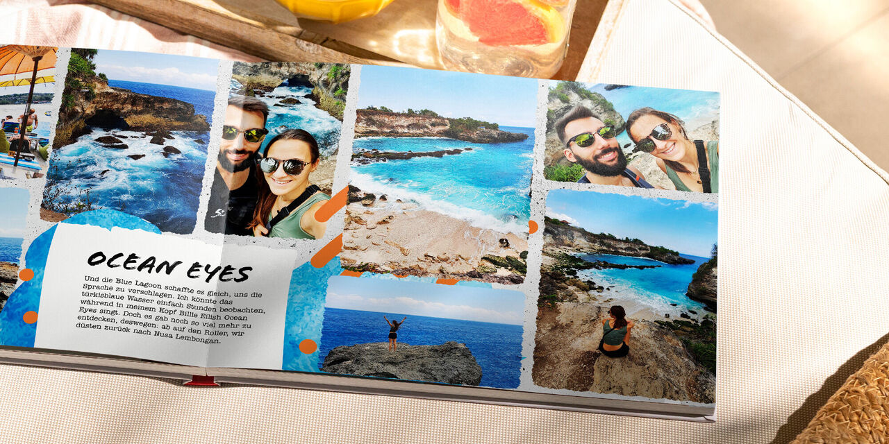 Bilder von traumhaften Urlaubsmomenten am Strand und Meer, diverse Landschaften, und ein ansprechendes Layout mit dem Titel "Ocean Eyes"