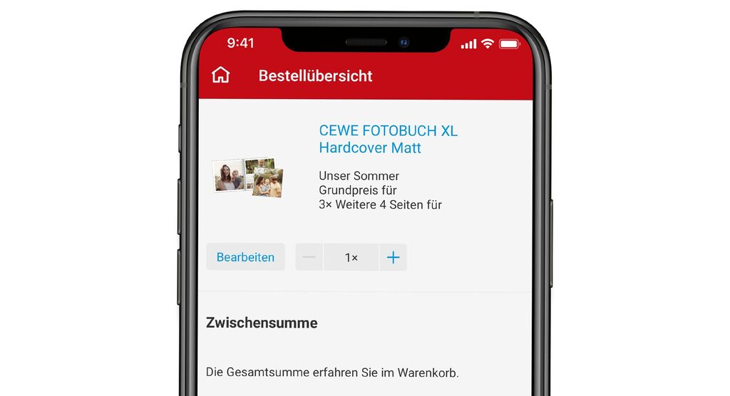 Bestellübersicht für CEWE FOTOBUCH XL auf dem Smartphone.