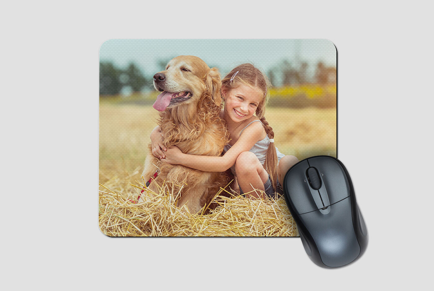 Ein Mädchen umarmt ihren entzückenden Hund auf einem Feld mit Stroh. Sie genießen den Moment der Zusammengehörigkeit.