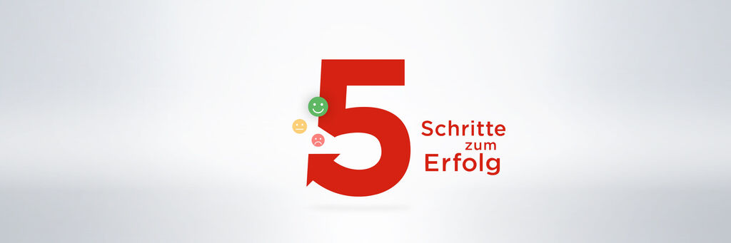 Rote Zahl 5 mit bunten Symbolen und dem Text "Schritte zum Erfolg"