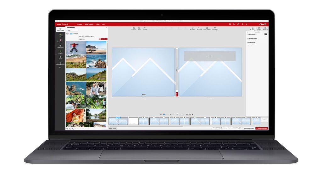 Benutzeroberfläche der CEWE Fotobuch Software mit zwei leeren Seiten im Designmodus