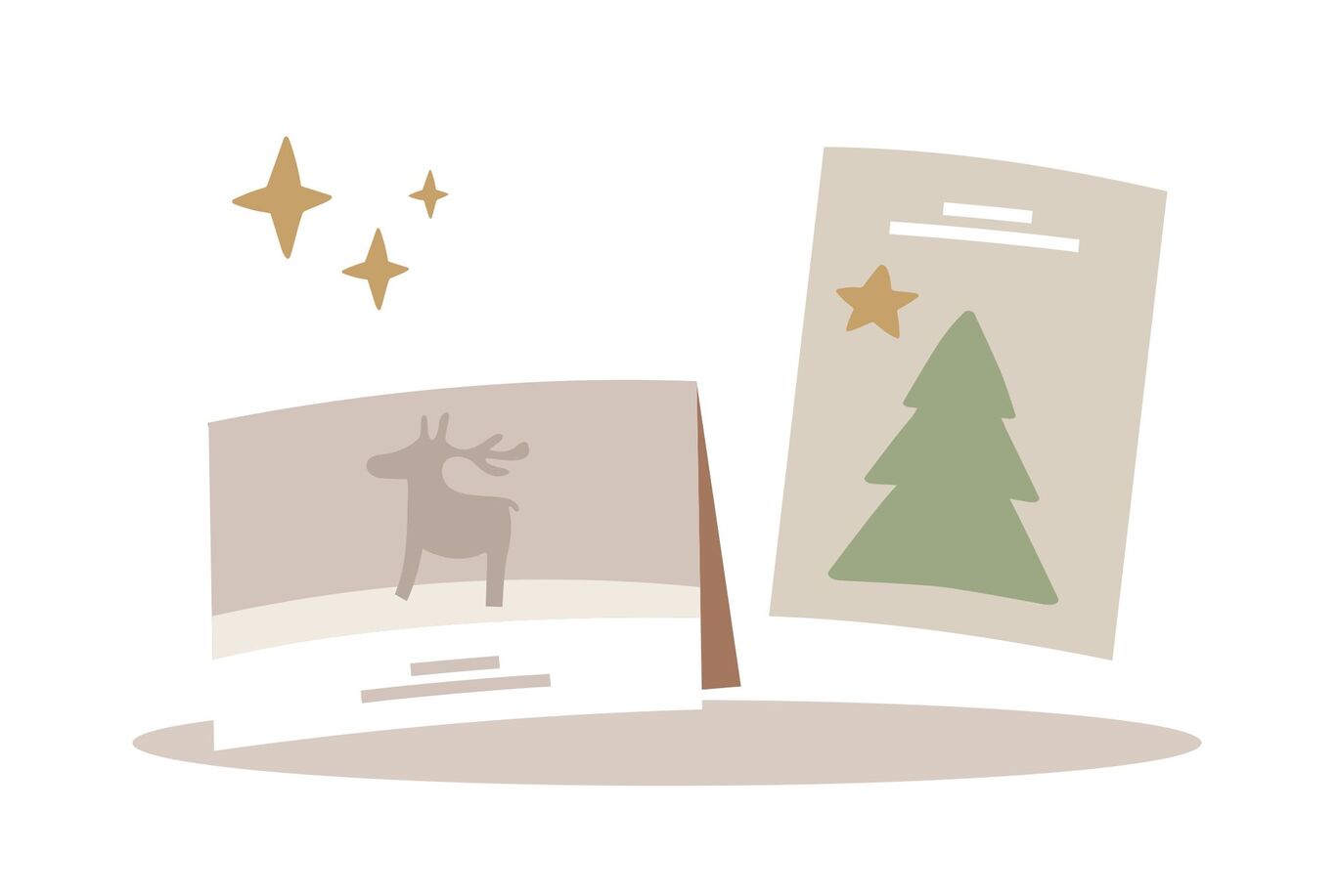 Zwei festliche Grußkarten mit einem Baum und einem Reh, dekoriert mit goldenen Sternen