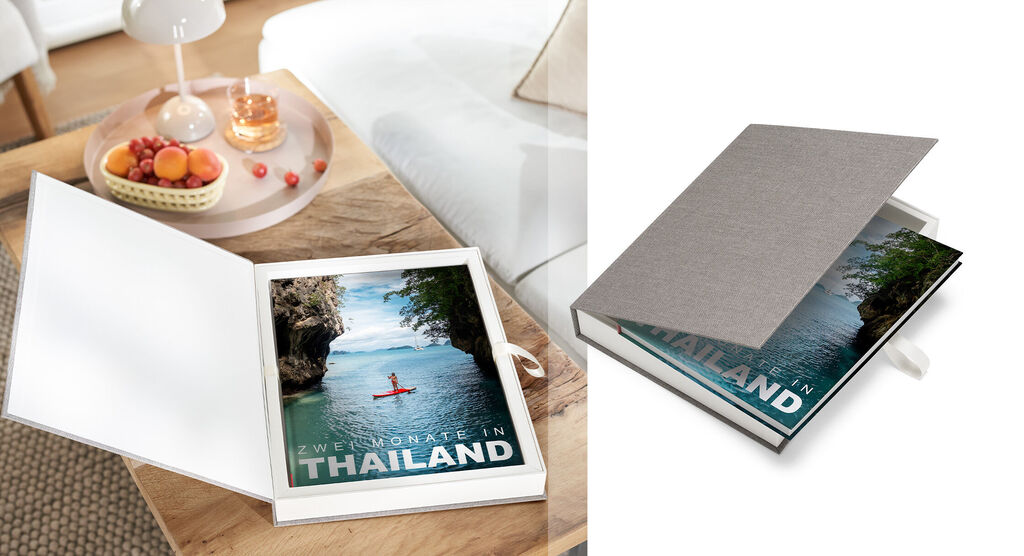 CEWE FOTOBUCH Thailand mit Titelbild von Kajakfahrerin zwischen Felsen in Geschenkbox