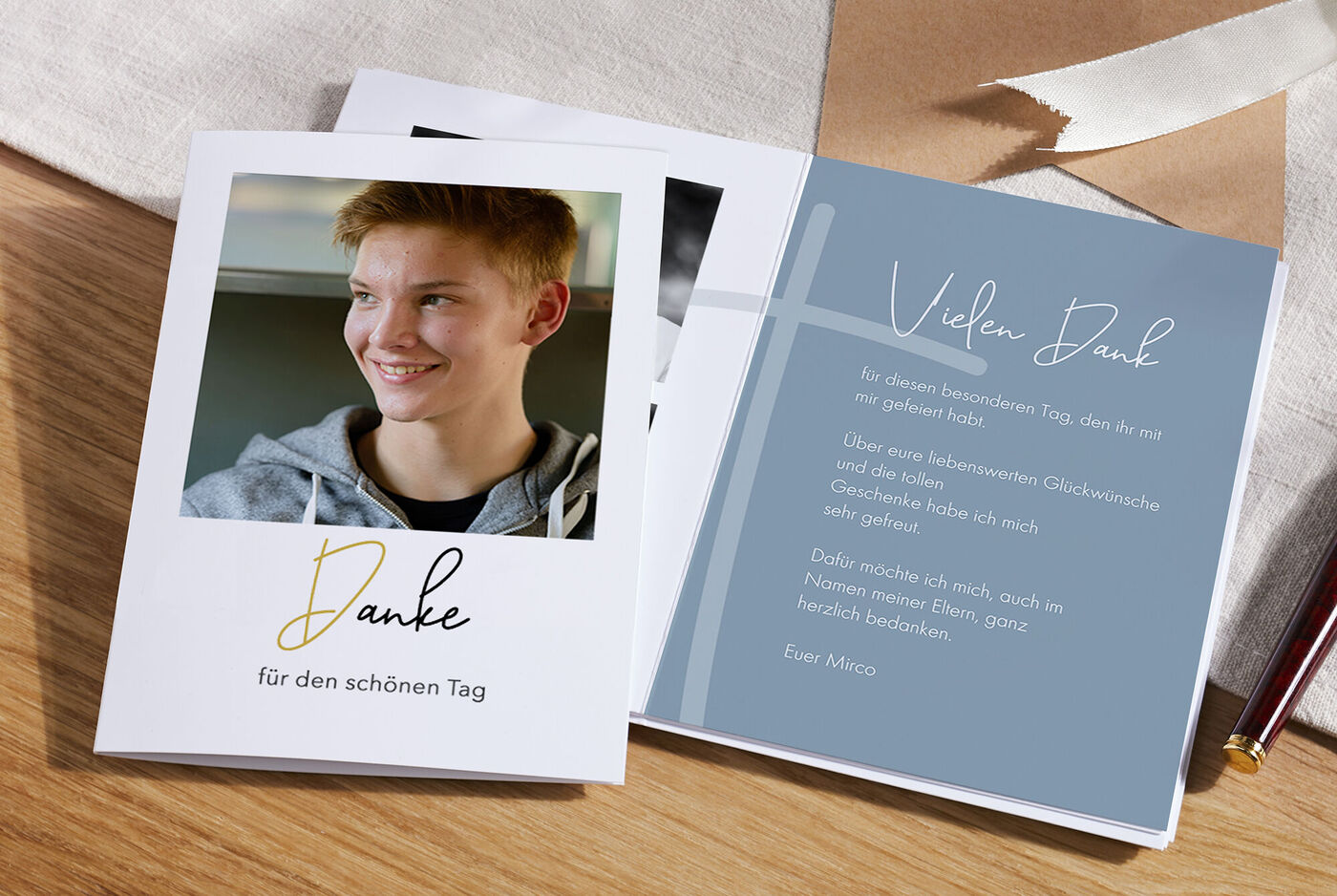 CEWE Grußkarte mit Porträt eines Jugendlichen und persönlichem Dankestext für einen besonderen Tag