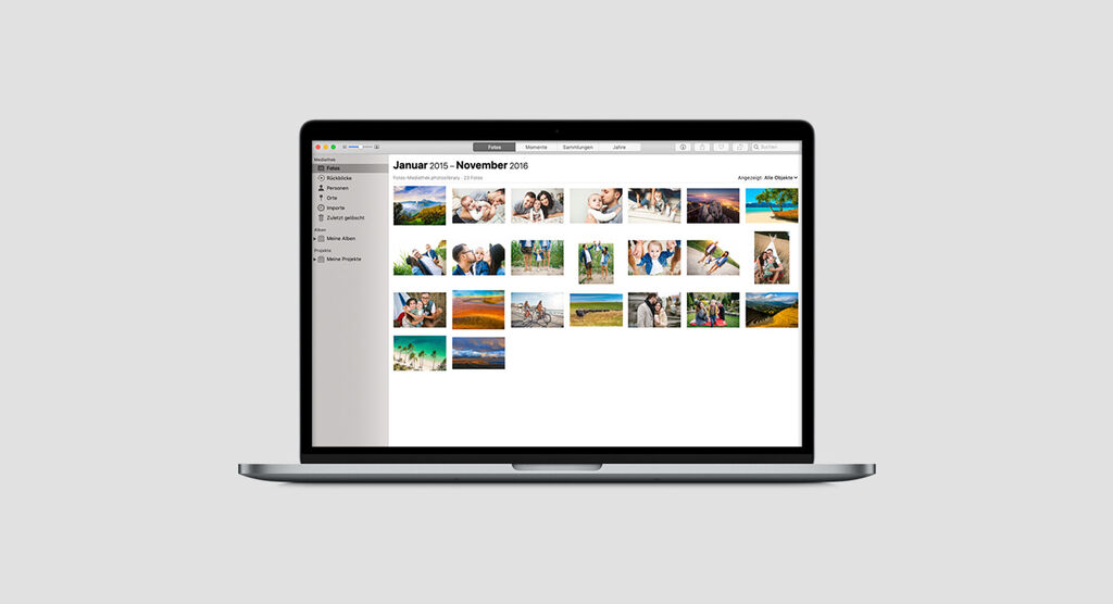 Ein Laptop zeigt eine übersichtliche Fotogalerie mit Urlaubserinnerungen und Spaßmomenten