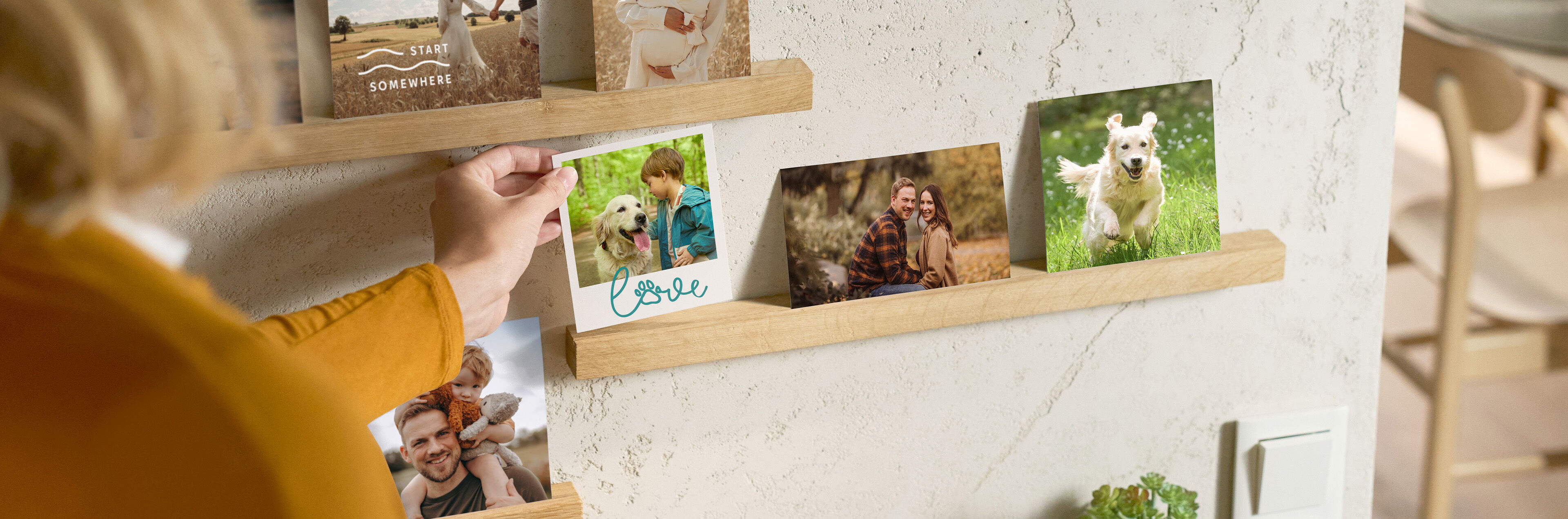 Person arrangiert persönliche Fotos und Postkarten auf Holzleisten an einer Wand