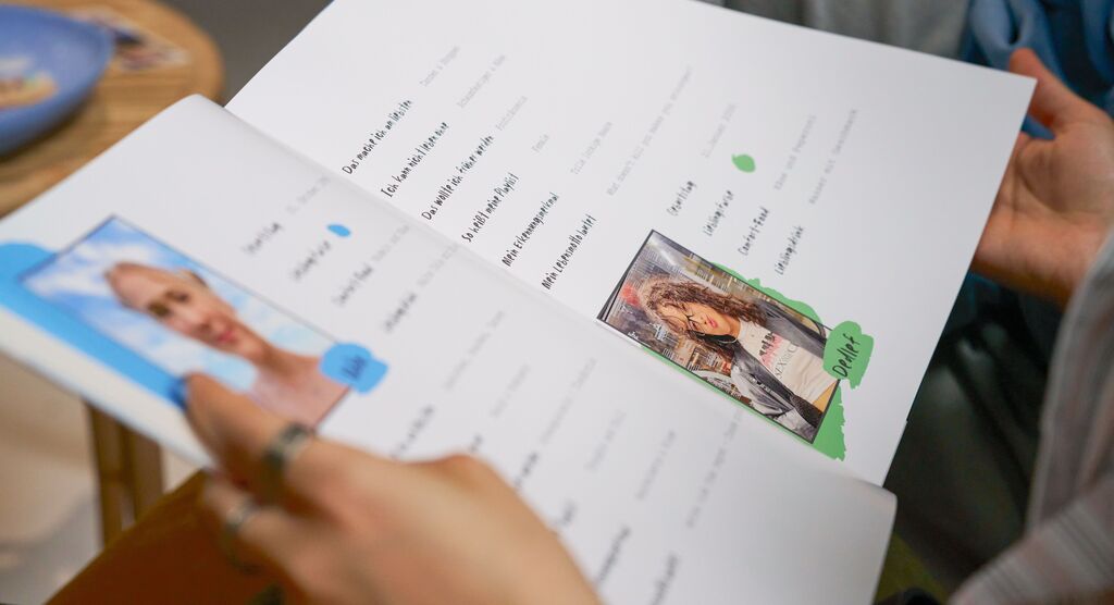 Auf einer Doppelseite im Fotobuch sind zwei Steckbriefe mit Informationen über Liss und Jule abgebildet.