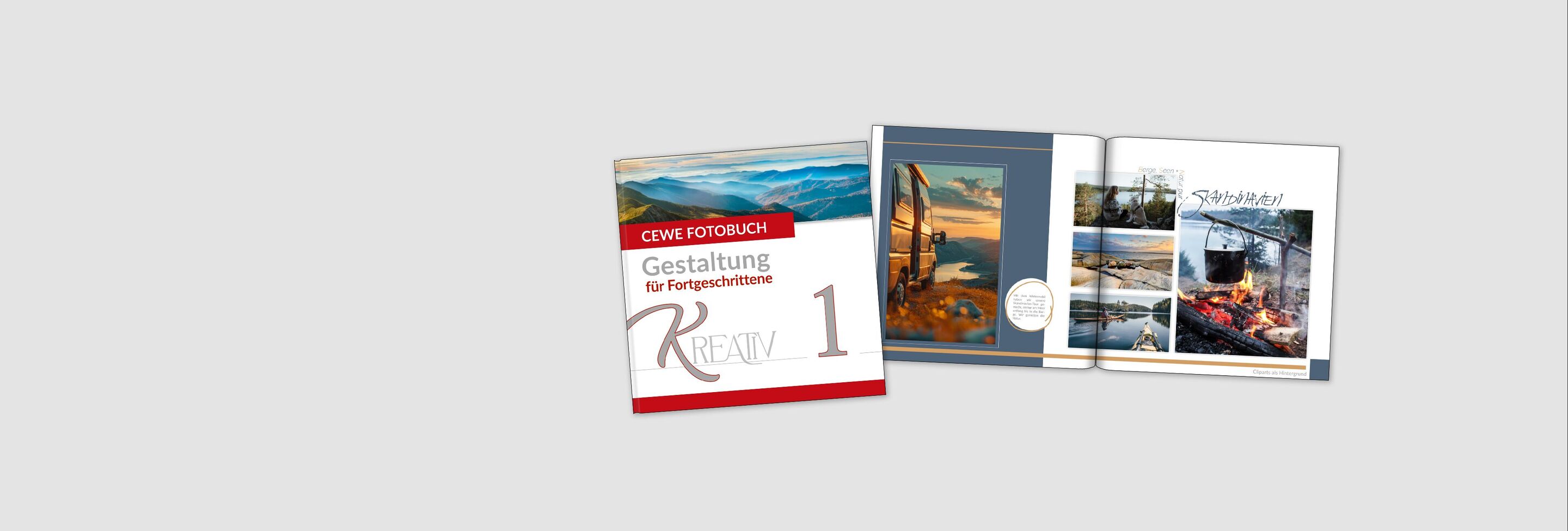 Ein CEWE FOTOBUCH Cover mit dem Titel „Gestaltung für Fortgeschrittene – Kreativ 1“ und eine gestaltete Doppelseite mit Fotos zu Skandinavie