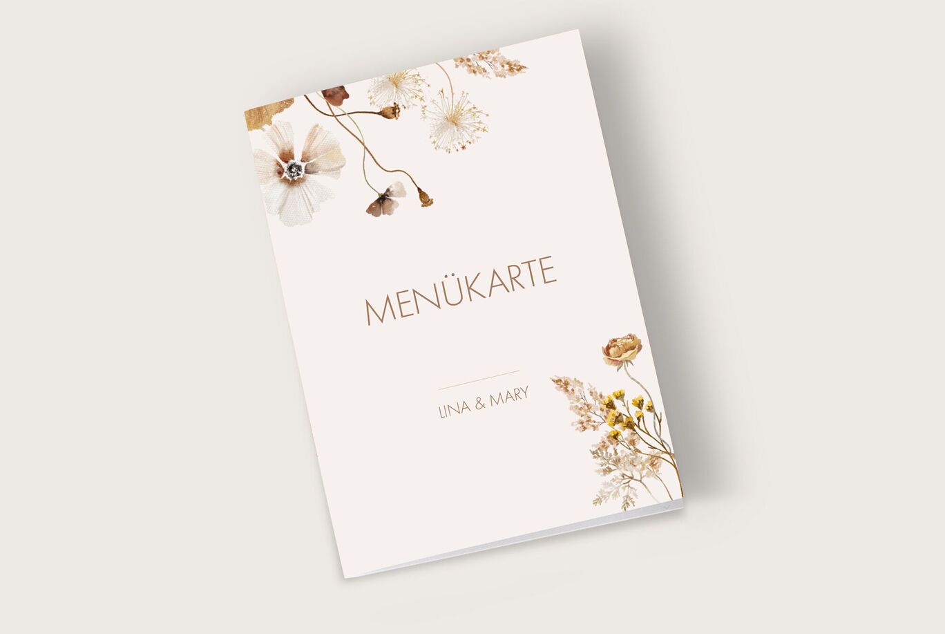 Elegante Menükarte mit Namen Una & Mary in sanften Farben und floralen Motiven