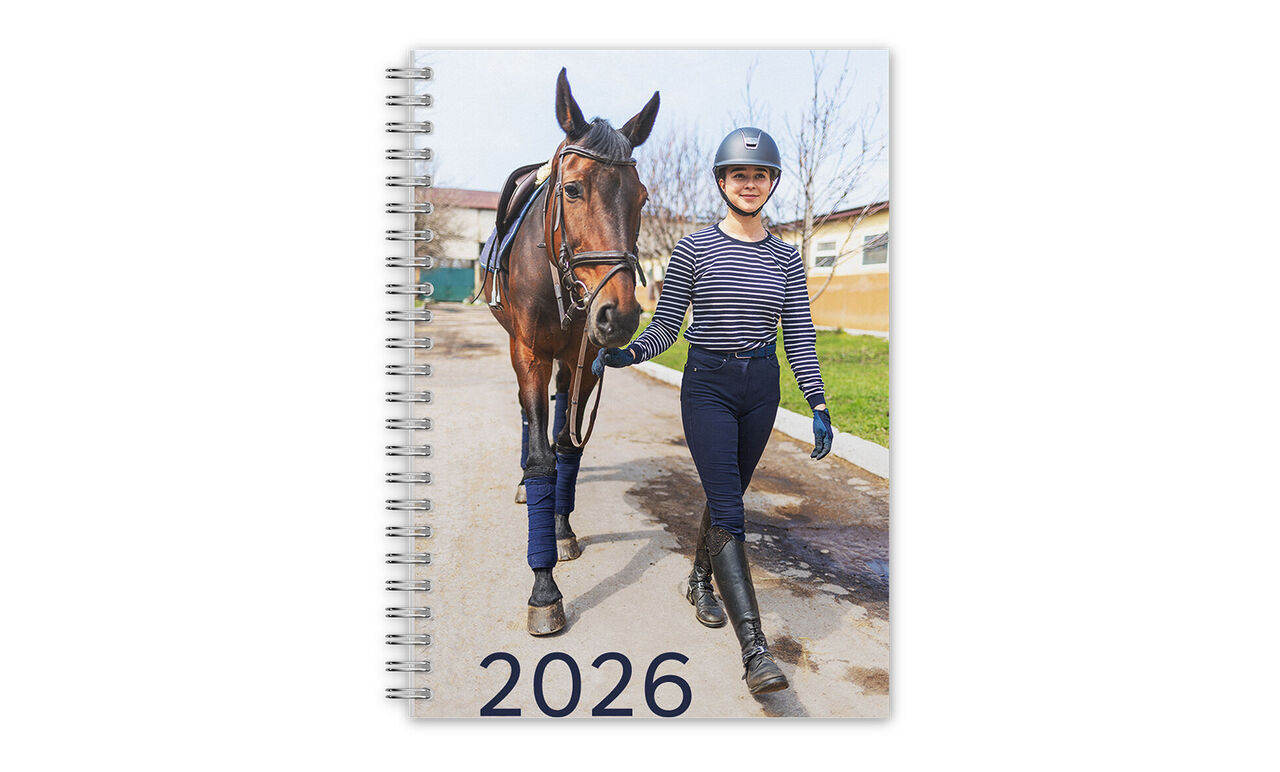 Kalender mit folgendem Bild: Eine Person führt ein Pferd an der Hand auf einem Weg.