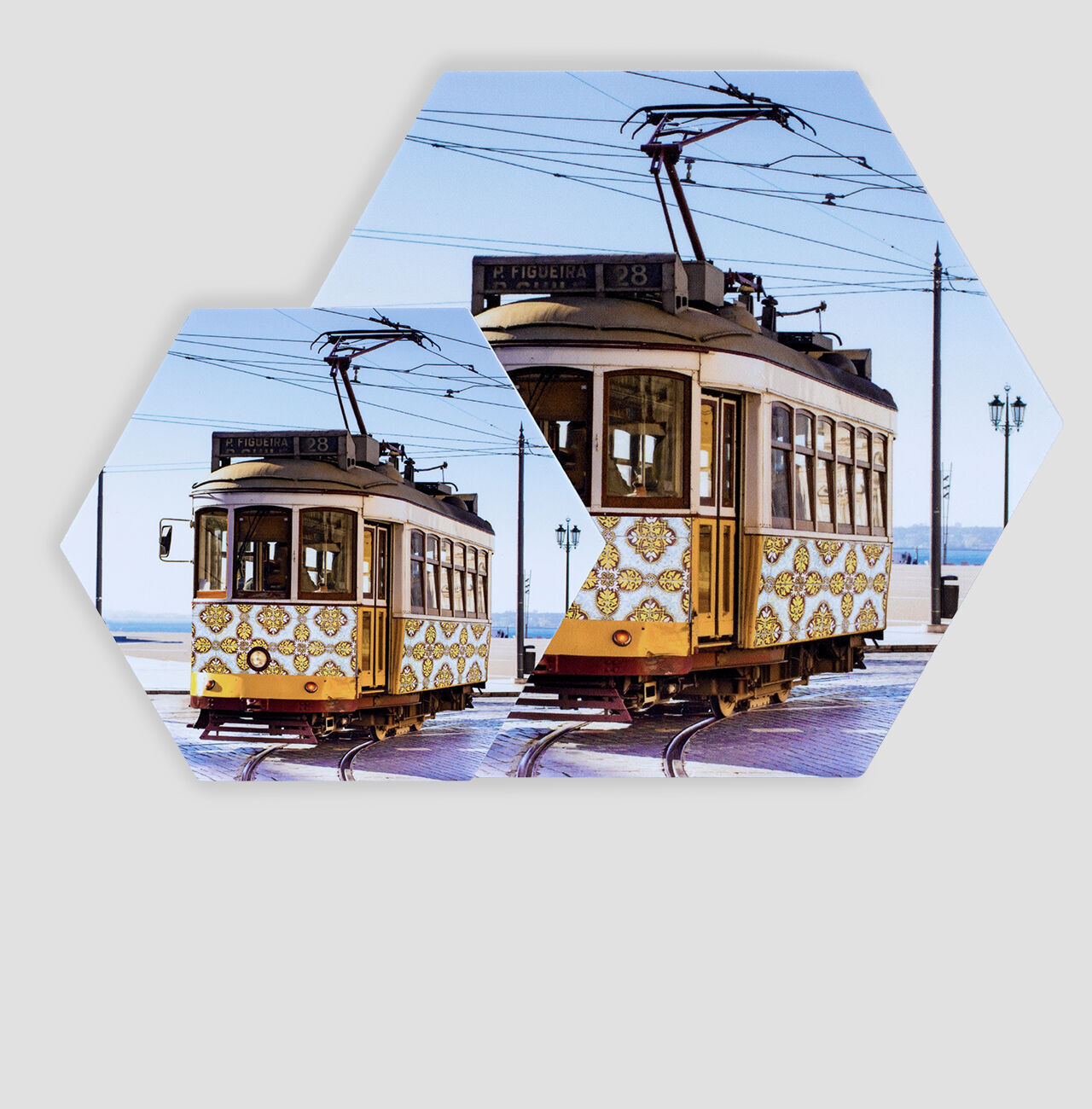 Bunte Straßenbahn mit floralem Design in der Sonne, auf Schienen stehend