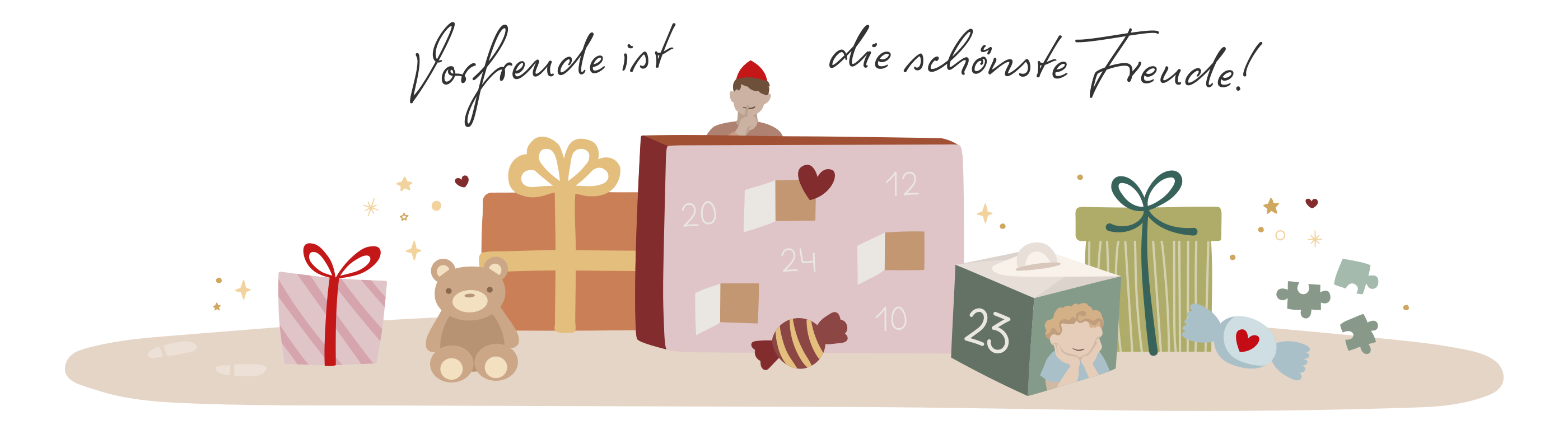 Bunte Geschenke und ein Adventskalender mit Freude