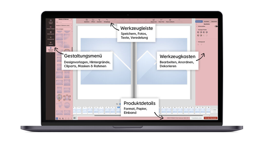 Screenshot von einem Bildbearbeitungsprogramm mit wichtigen Werkzeugen und Details für die Gestaltung von Fotoprodukten