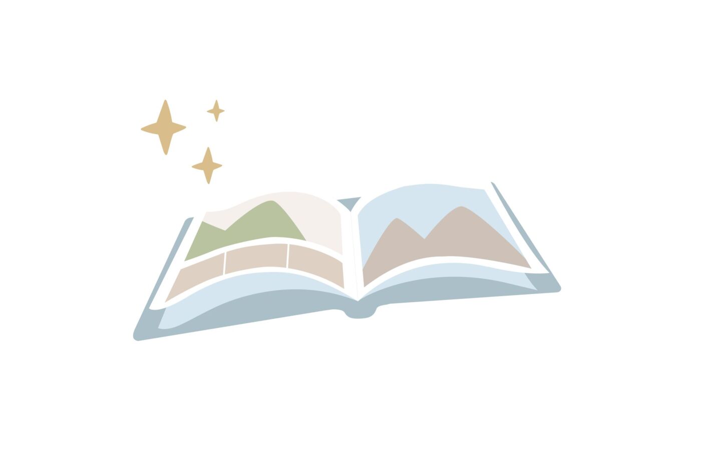 Illustration eines offenen Buches mit stilisierten Landschaften.
