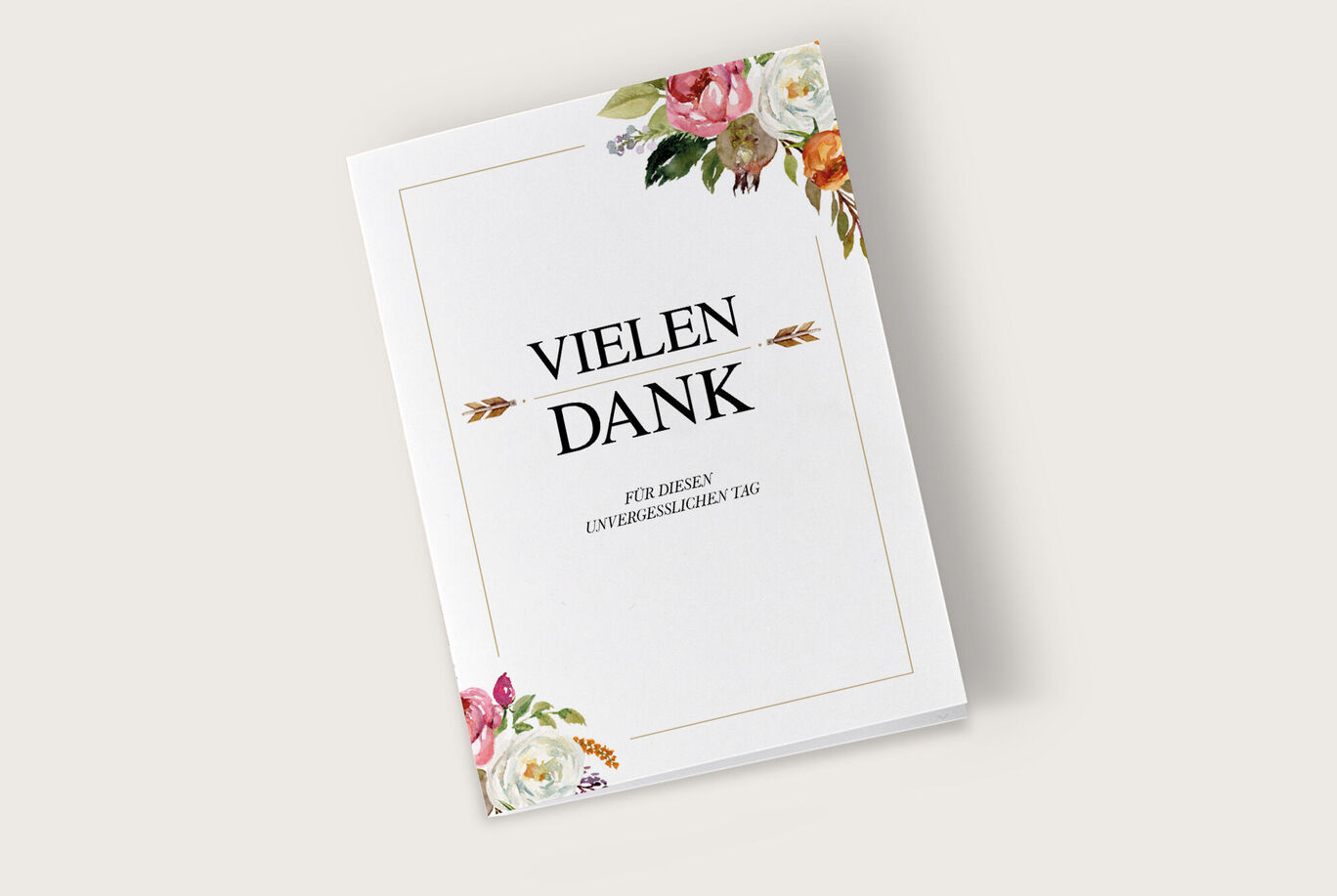 Ein wunderschönes Dankeskarten-Design mit floralen Verzierungen und dem Text 'Vielen Dank'. Perfekt, um Wertschätzung auszudrücken.