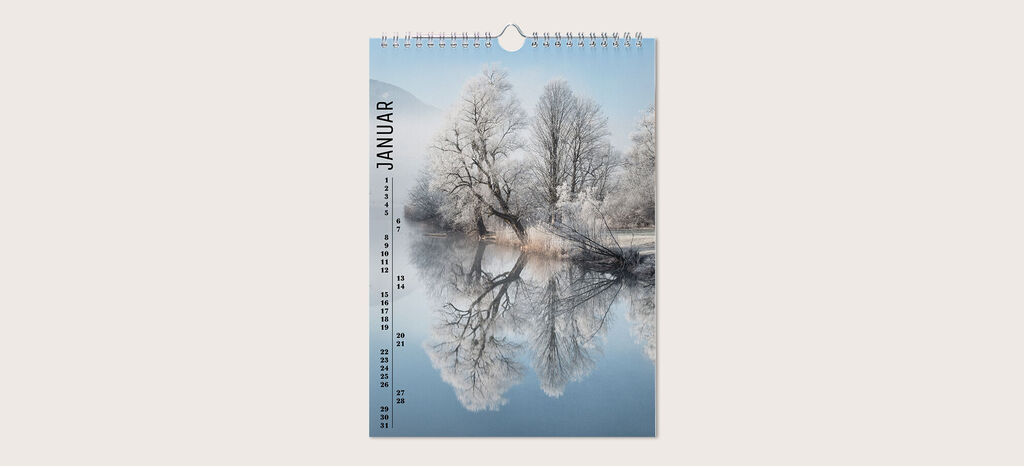 Ein schöner Kalender für den Monat Januar zeigt eine friedlicheWinterlandschaft mit schneebedeckten Bäumen und einem ruhigen Wasser.