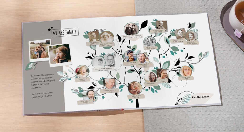 Familienbaum mit Fotos und Namen von Familienmitgliedern