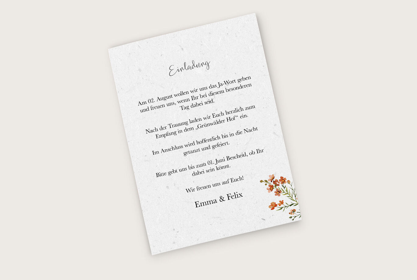 Einladung zu einer Feier mit einem floral gestalteten Rand sowie einer freundlichen, klaren Schrift.