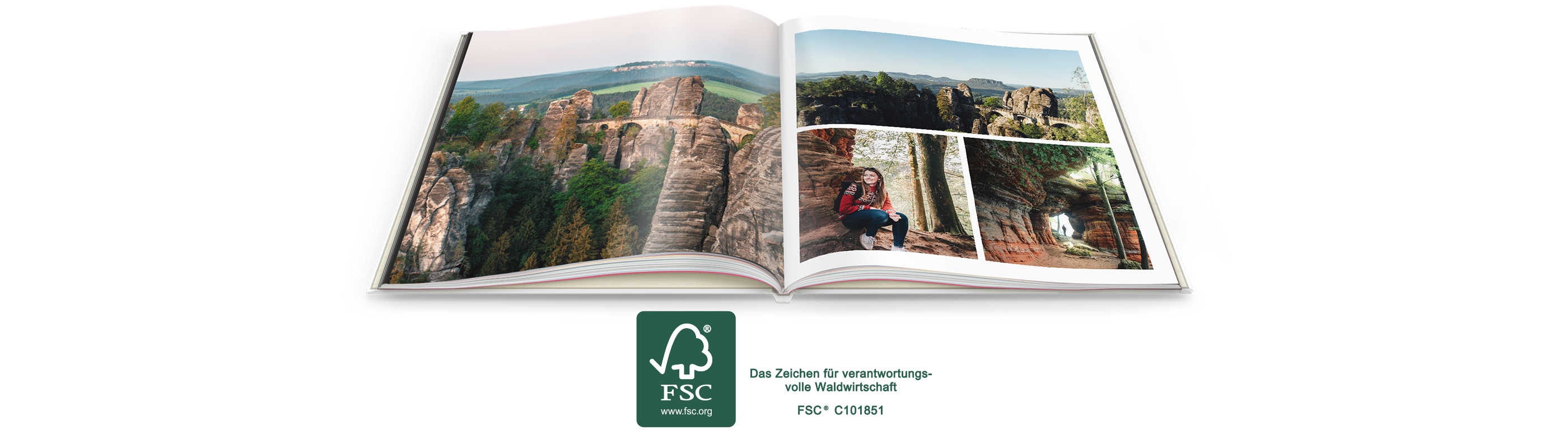 Das Foto zeigt ein offenes Fotobuch mit beeindruckenden Landschaftsaufnahmen und sogar einem lachenden Menschen am Rand. Es strahlt Freude und unvergessliche Momente aus. Dazu ist das FSC-Siegel abgebildet, was auf nachhaltige Materialien hinweist.