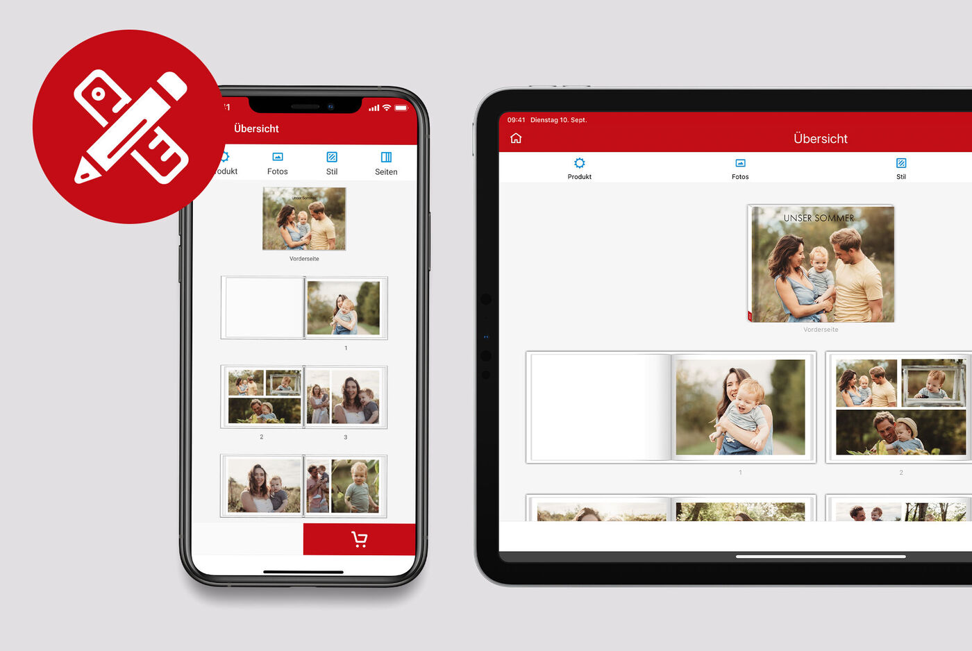 Benutzeroberfläche einer App für Fotobücher auf Smartphone und Tablet
