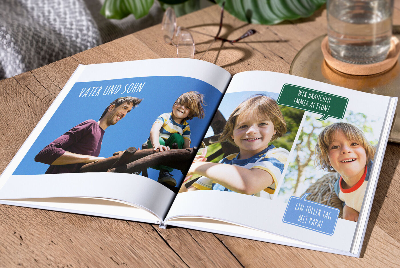 Eine fröhliche Vater-Sohn-Momente in einem offenen Fotobuch.