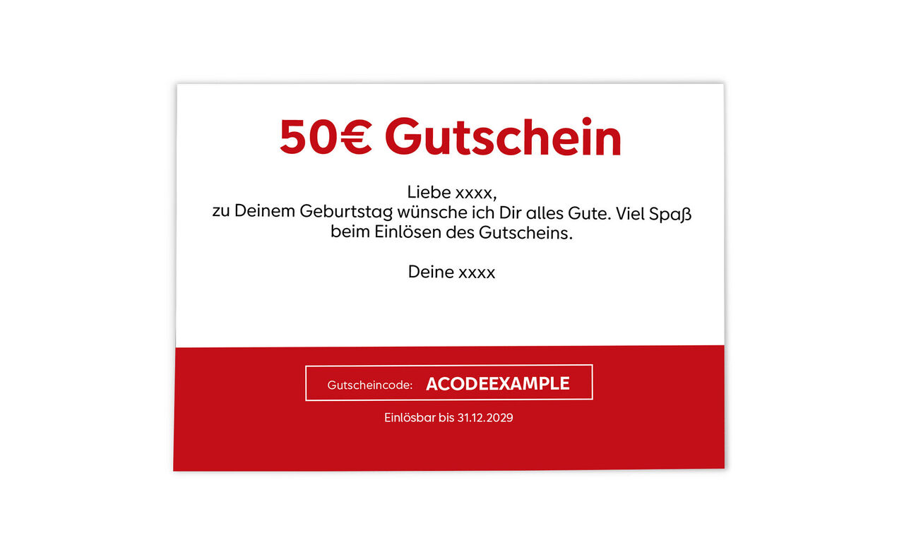 Gutschein über 50 Euro mit einem persönlichen Geburtstagswunsch und einem Einlösecode