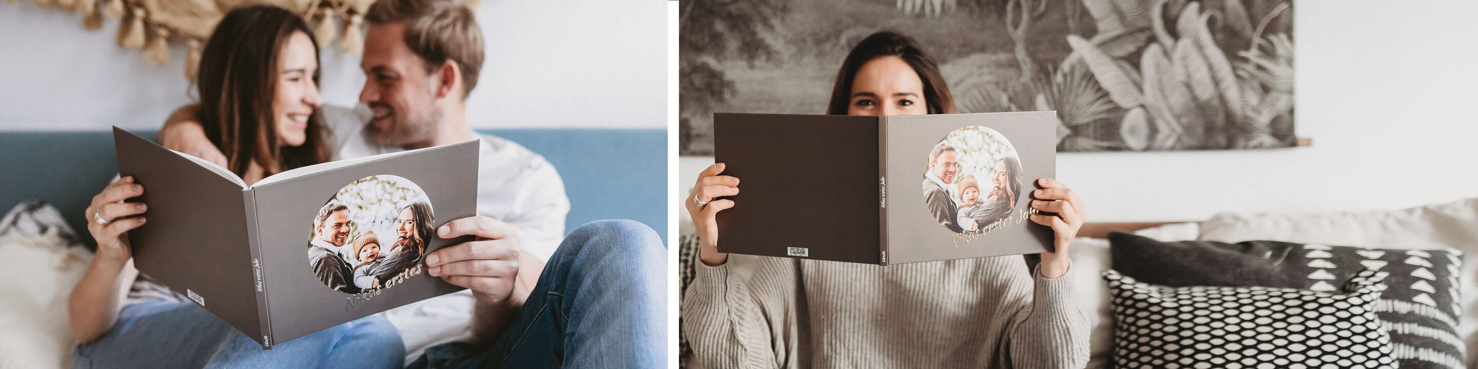 Zwei Personen halten ein CEWE Fotobuch und betrachten es mit Freude