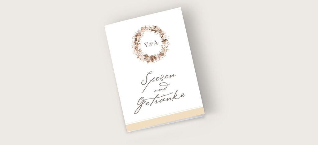 Elegante Speisekarte mit floralem Design und der Aufschrift 'Speisen und Getränke'