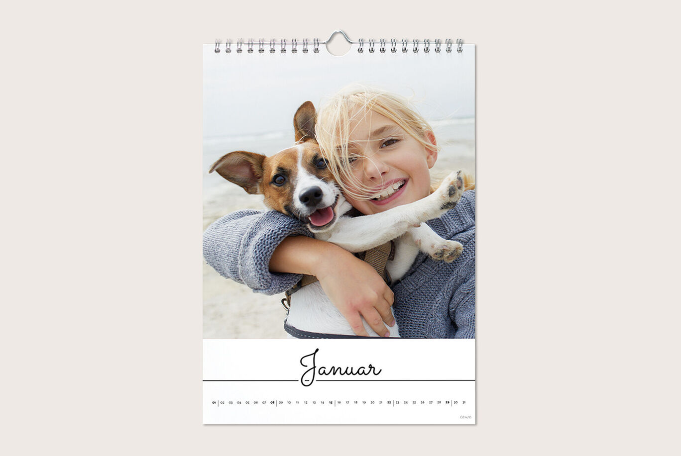 Kalenderblatt für Januar mit einem Kind, das einen Hund hält, am Strand.