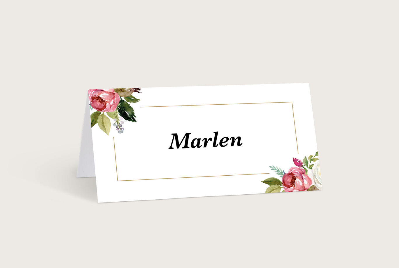 Süße Tischkarte mit Namen "Marlen" und wunderschönen Blumenmotiven in sanften Farben
