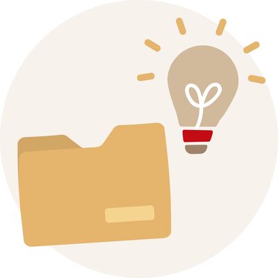 Beige Ordner neben einer Glühbirne mit Herz-Symbol