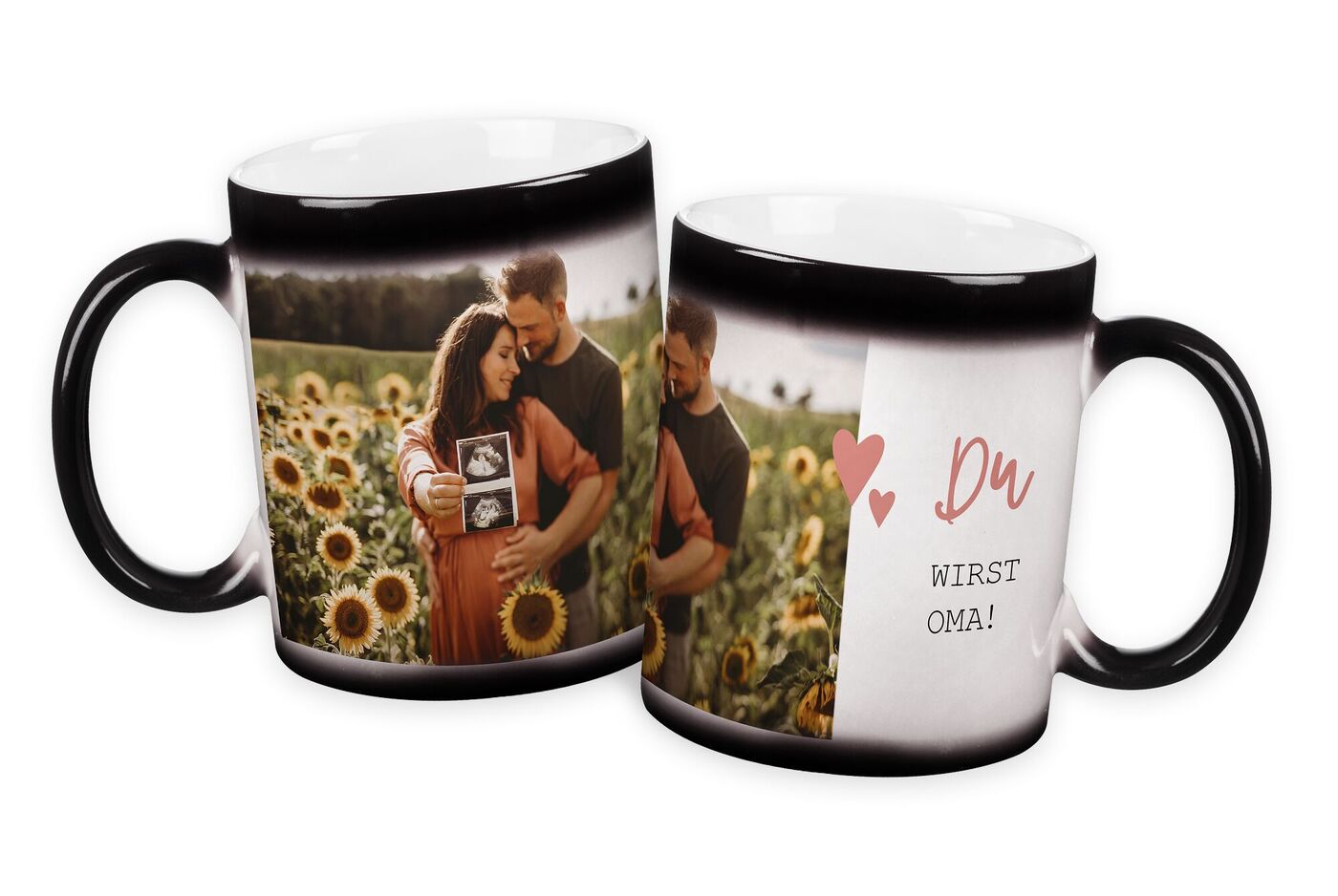Personalisierte Fototasse mit Paar im Sonnenblumenfeld, Ultraschallbild und Text Du wirst Oma