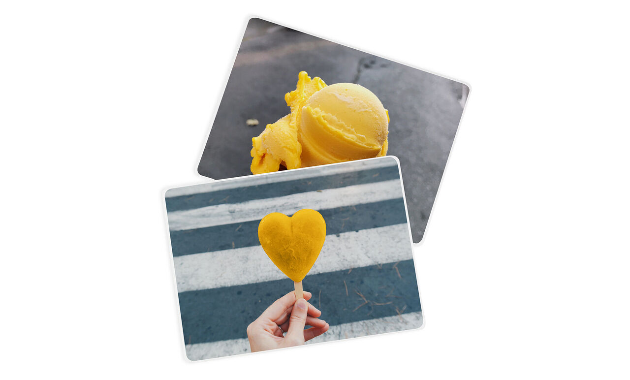 Zwei Postkarten mit gelbem Eis und einem Herzmotiv
