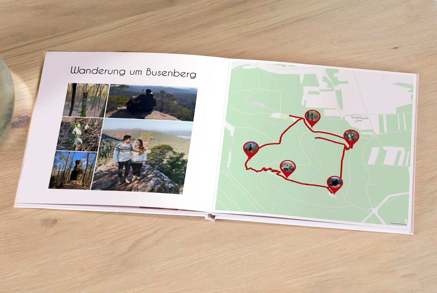 Fotobuch zeigt eine Wanderung mit Freunden rund um den Busenberg, inklusive Kartenübersicht und Fotos.