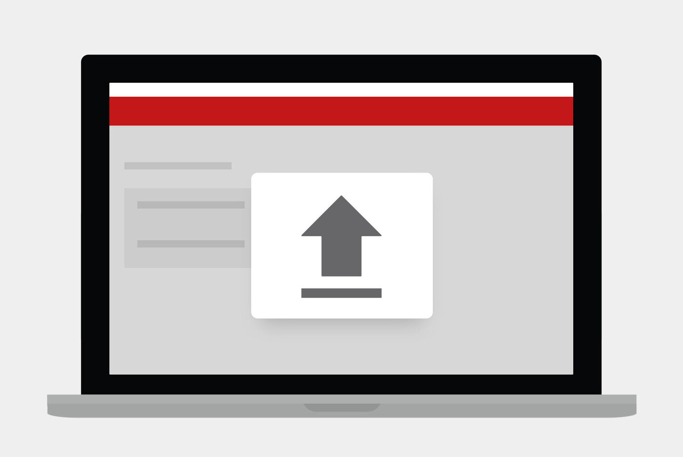 Laptop zeigt eine Upload-Symbol auf grauem Hintergrund